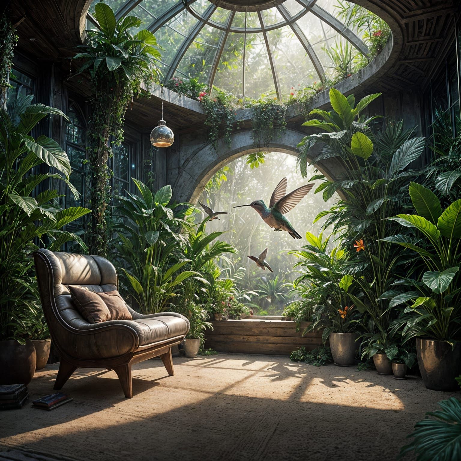 Futuristic Biodome Reading Nook with Hummingbird
