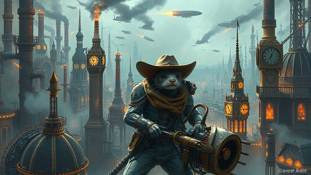 Steampunk Ferret Cowboy in Mechanical City