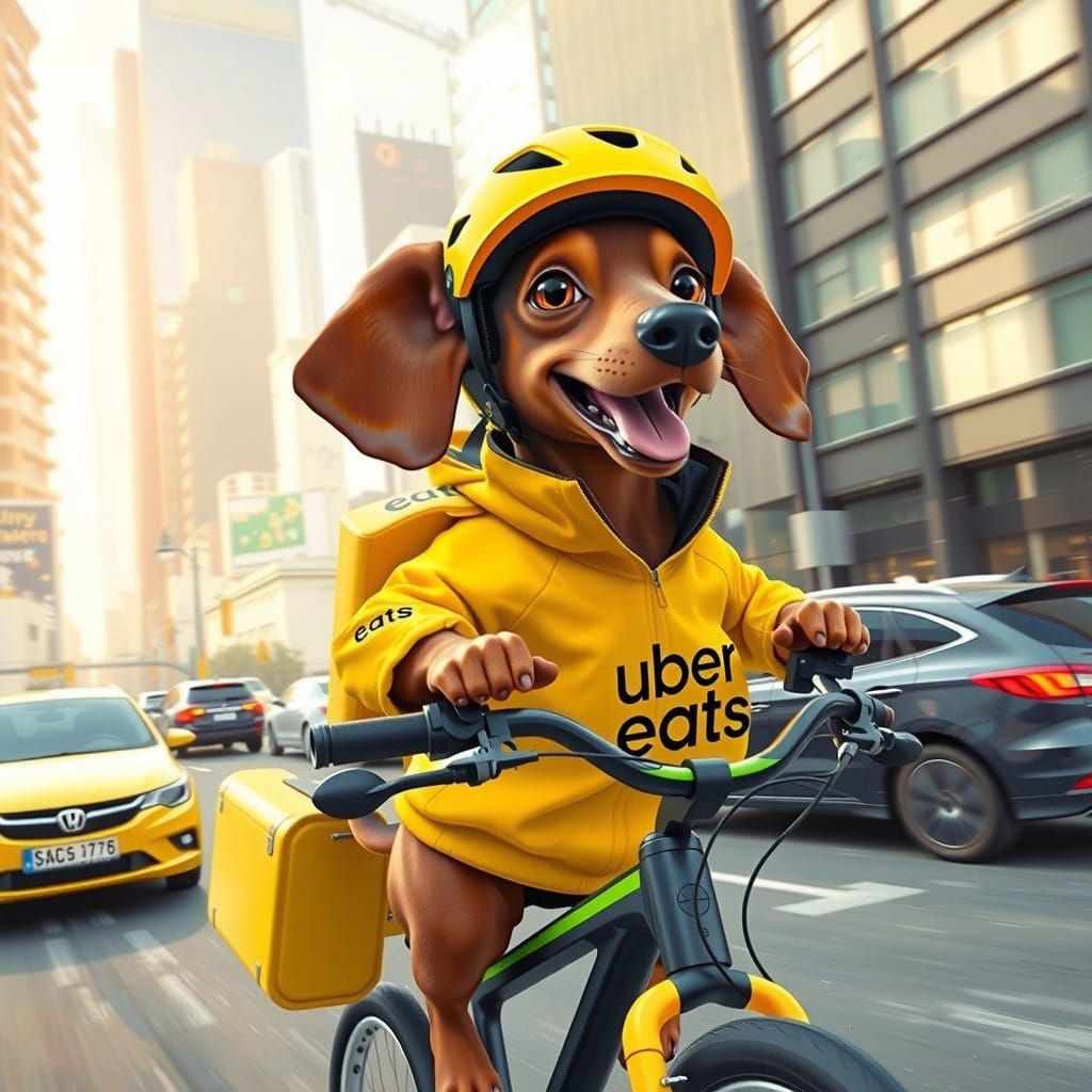 Anthropomorphic Dachshund Rides Futuristic Bike Through City
