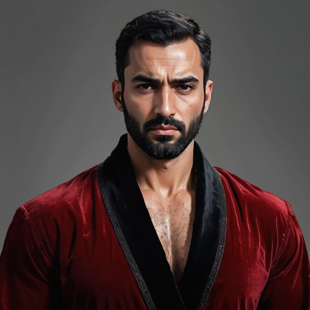 Hirsute Man in Red Velvet Robe, Alcohol Ink Style