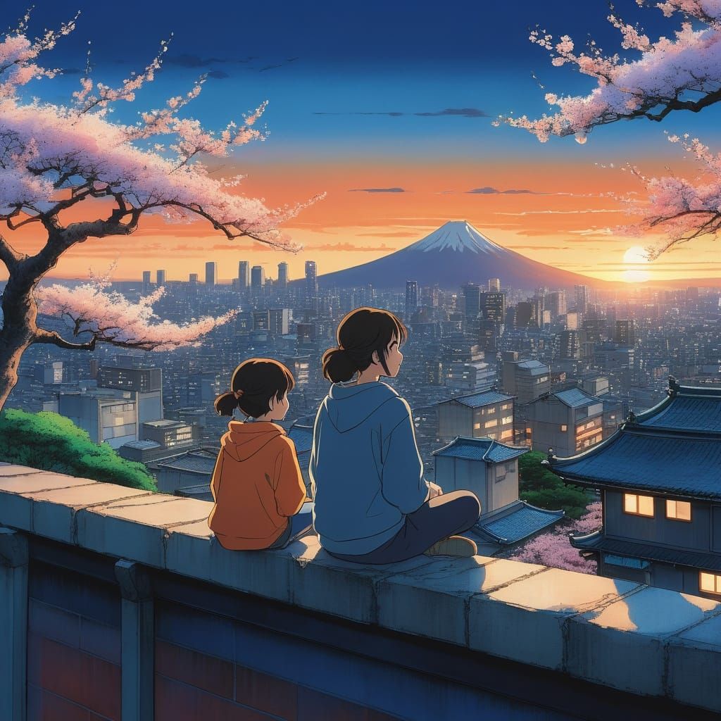 Japanese Female Superhero and Daughter Watch Tokyo Sunset in...