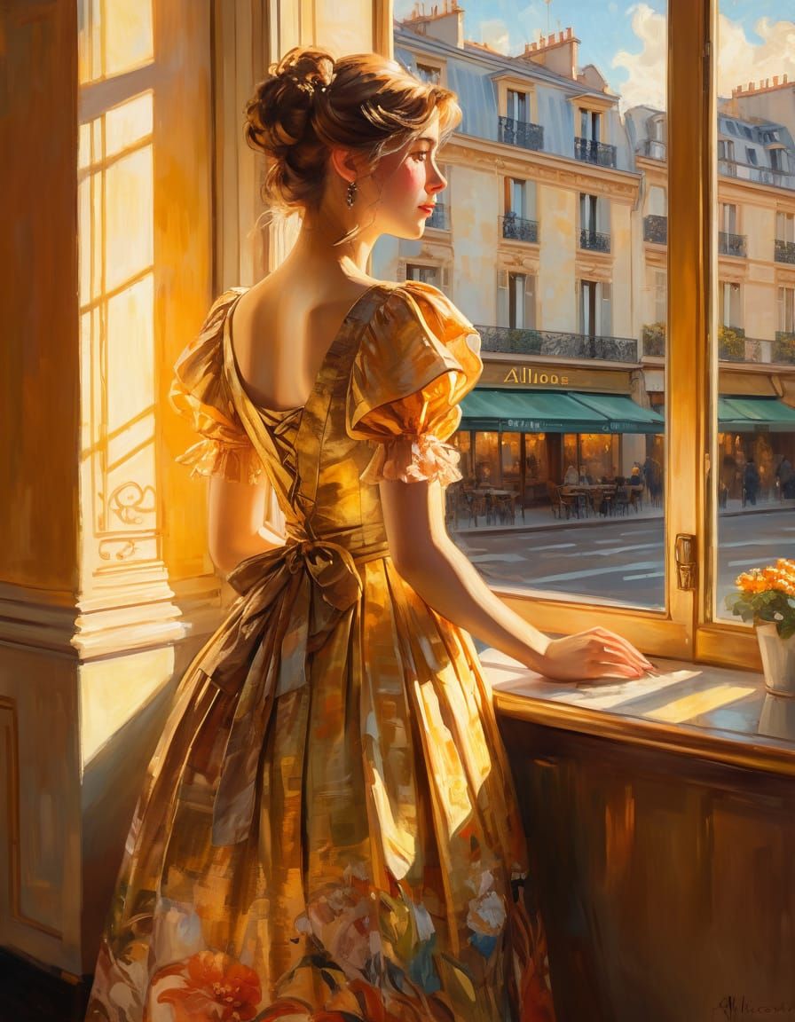 Parisian Cafe Scene: Woman in Vibrant Dress, French Impressi...