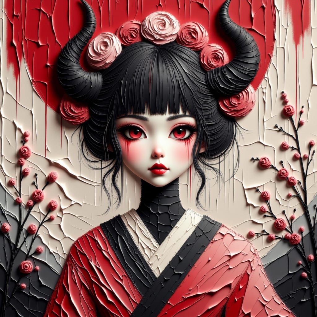 Geisha and Akumu Demon Fusion in Bold Line Art