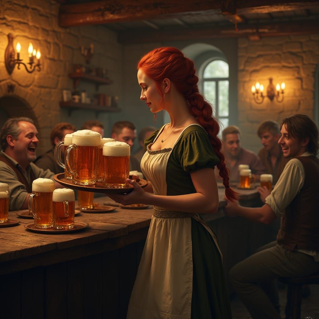 Medieval Irish Barmaid in a Cozy Tavern