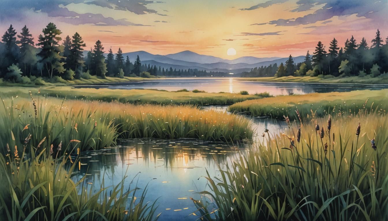 Twilight Meadow with Fireflies in Watercolor Style