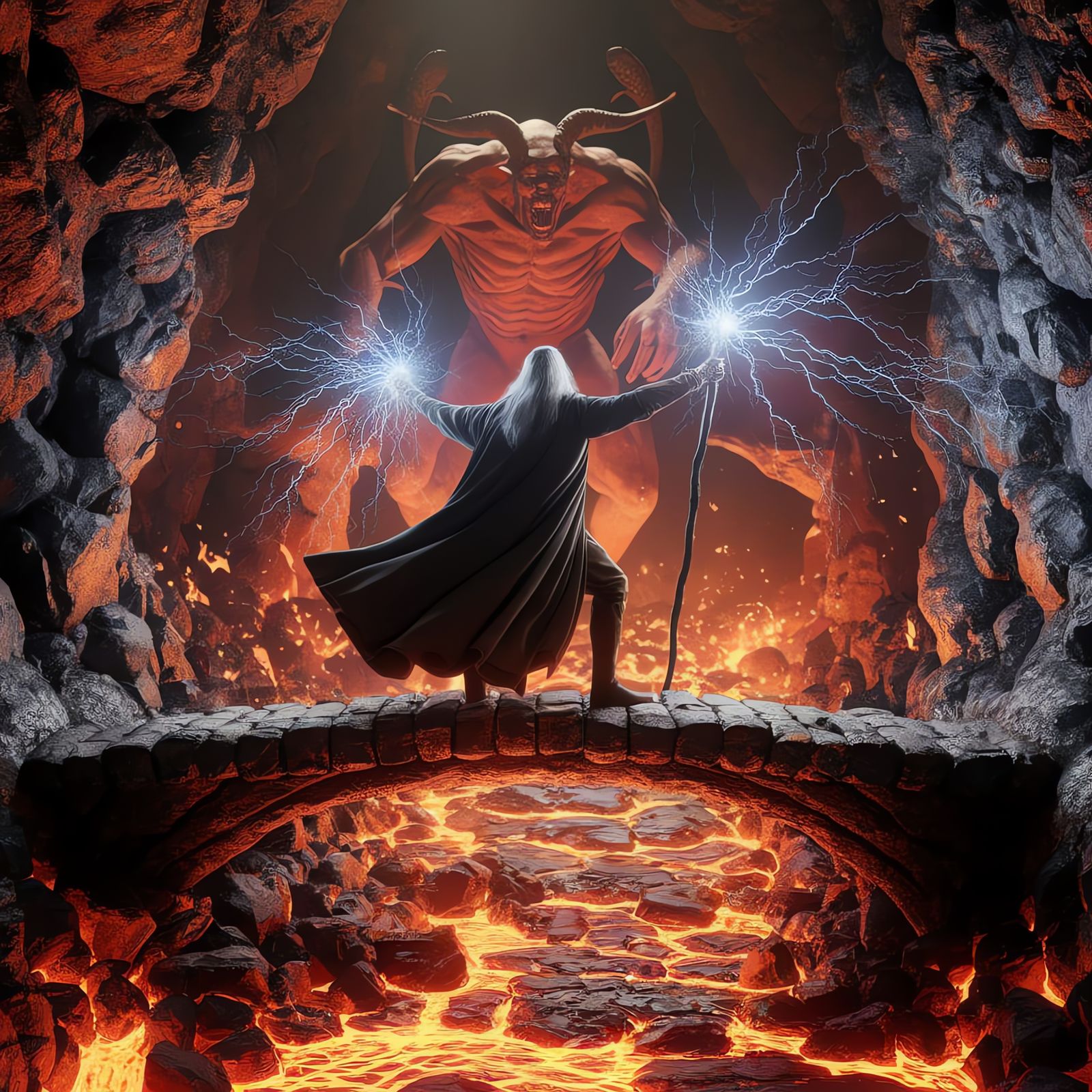 Gandalf Confronts Demon on Fiery Bridge