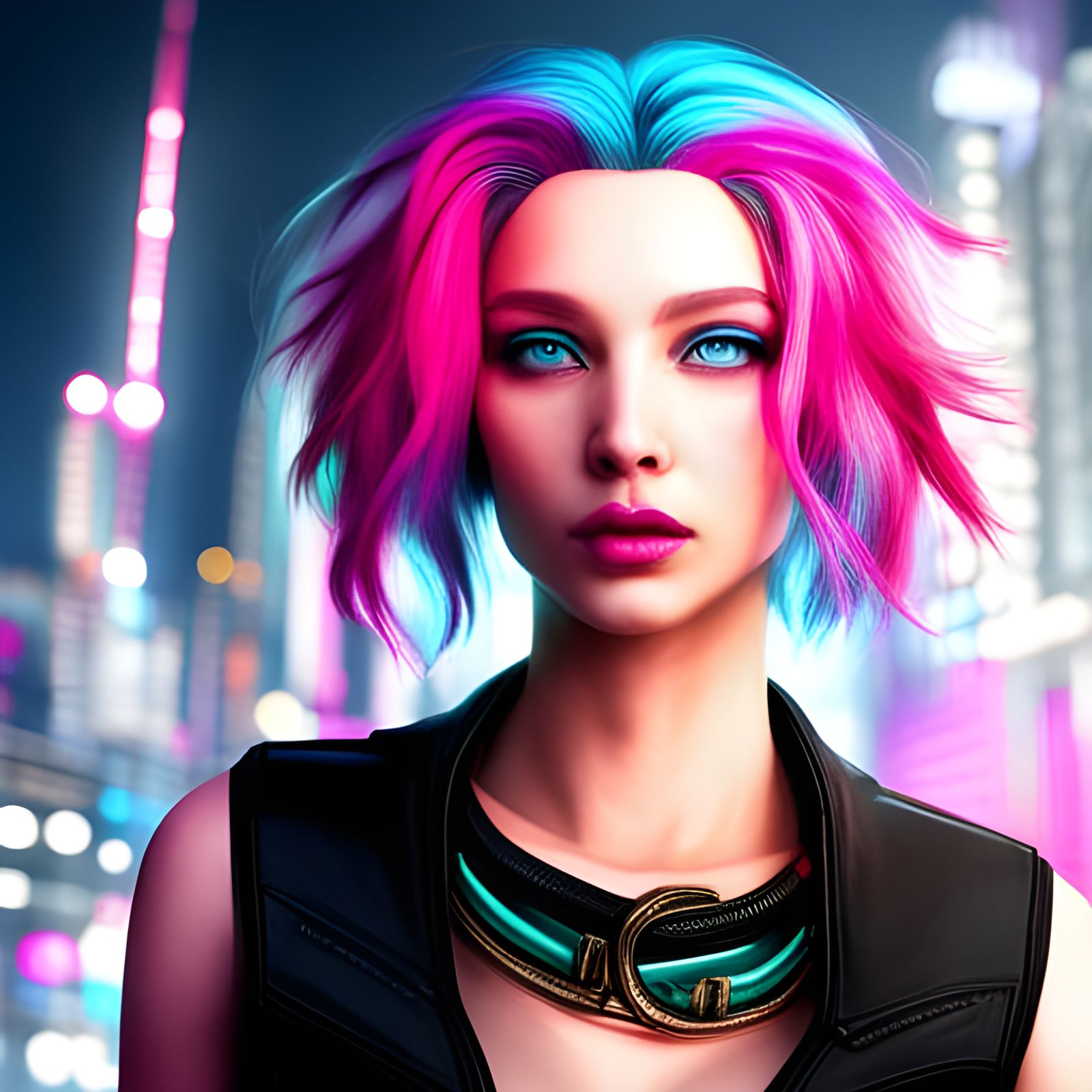 Cyberpunk Goddess in Futuristic Cityscape