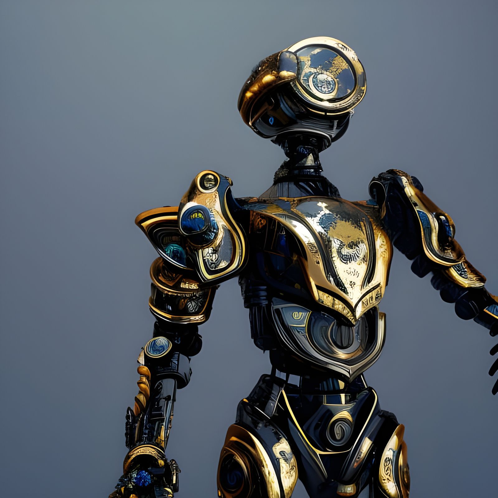 Futuristic Robot Guard in Black Gold Armor
