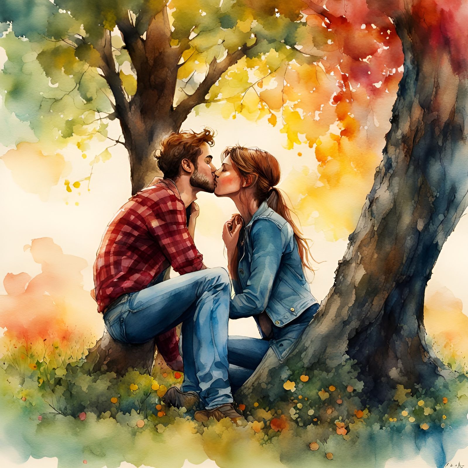 Romantic First Kiss Watercolor Illustration in Park