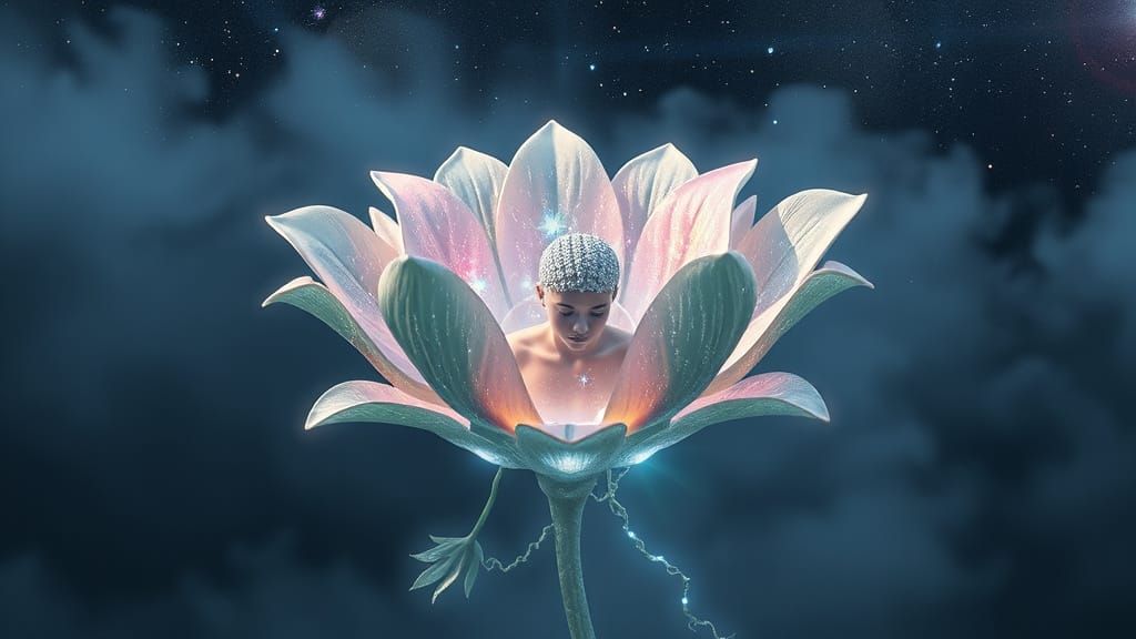 Luminous Cosmic Plant and Light Entity in Dreamscape