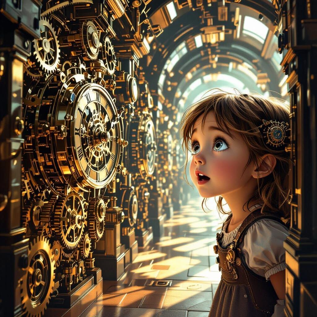 Girl Marvels at Intricate Clockwork Corridor in Steampunk St...