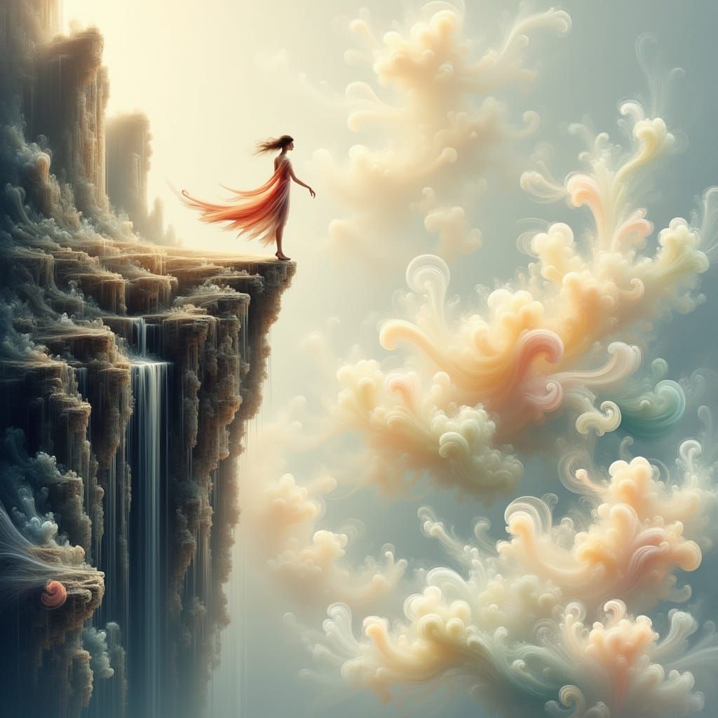 Ethereal Figure Dances on Cliff's Edge in Dreamy Watercolor