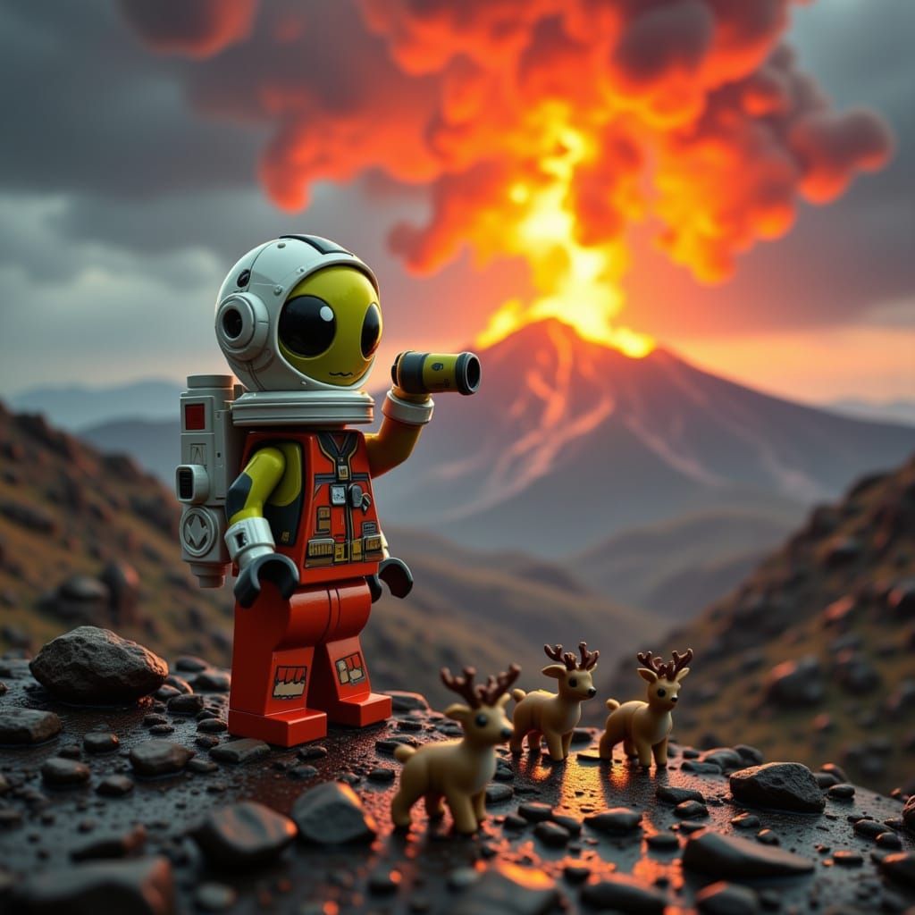 Chibi Alien Astronaut Witnesses Volcanic Eruption