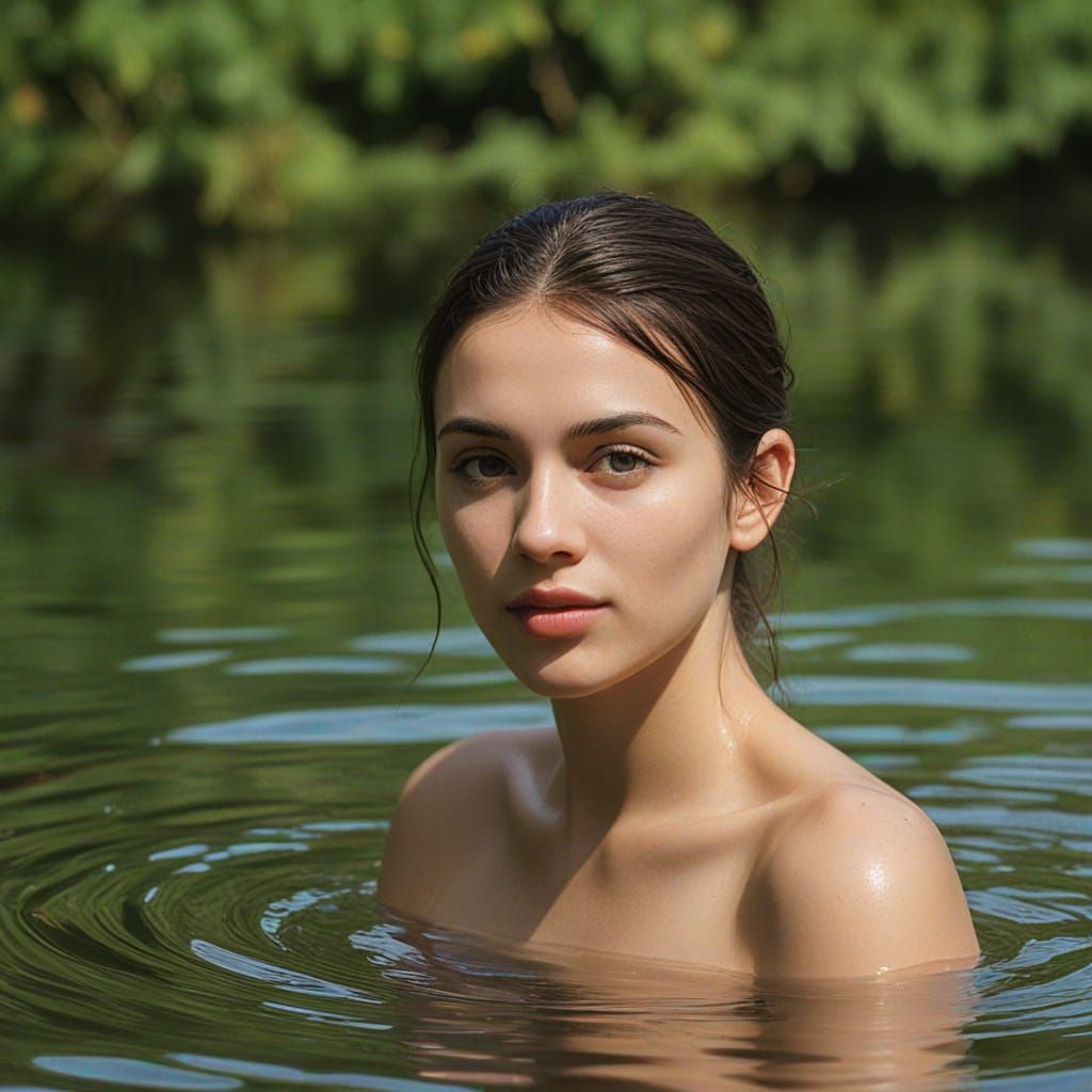 Impressionist Woman Swimming in Serene Lake