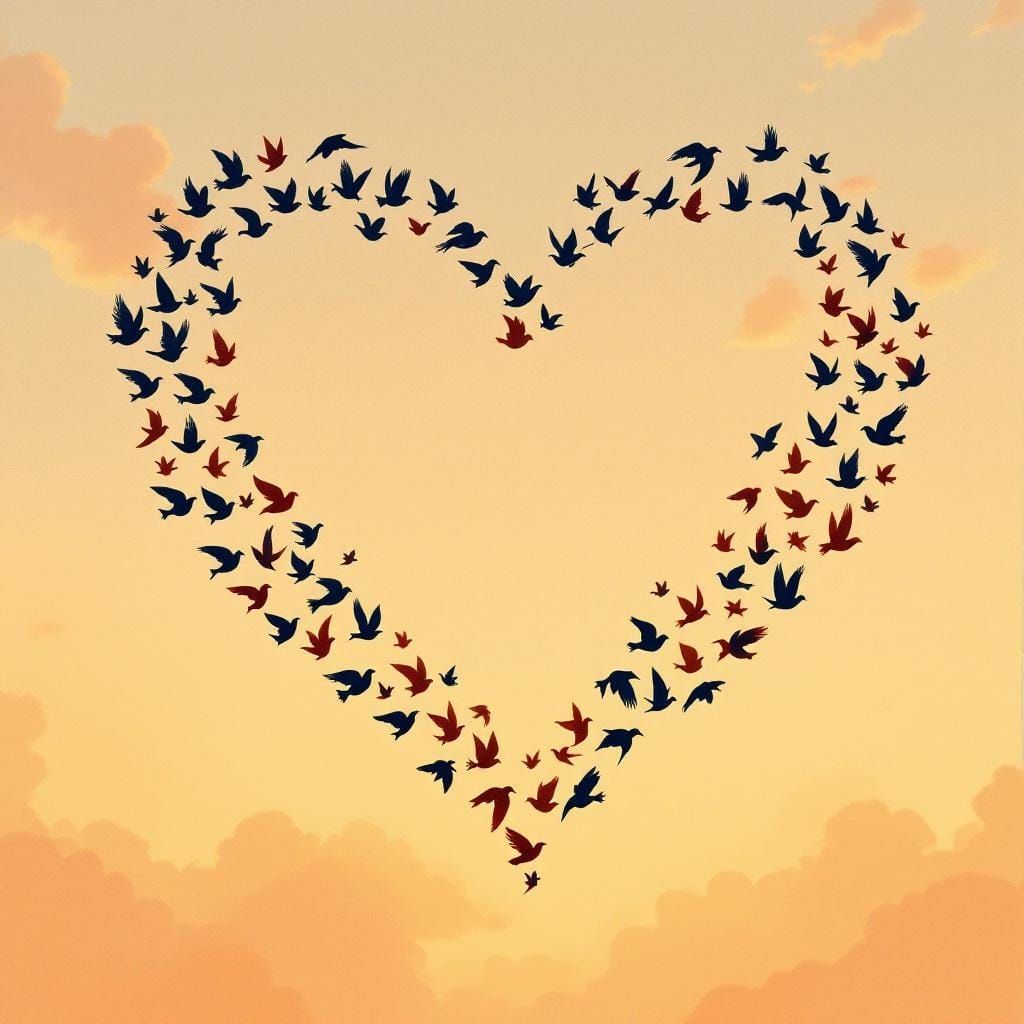 Birds Form Heart Shape: Geometric and Ethereal Style