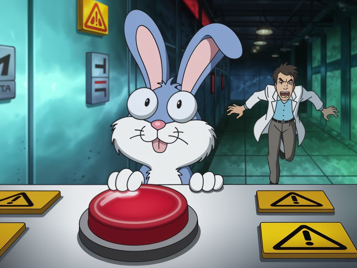 Lab Rabbit Contemplates Red Button in Control Room