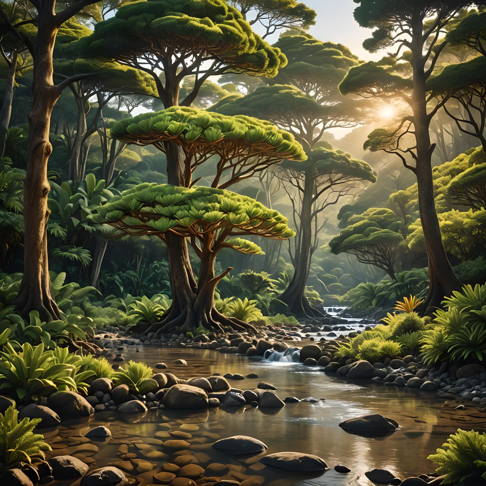 Hyperrealistic Coral Reef Araucaria Trees at Golden Hour