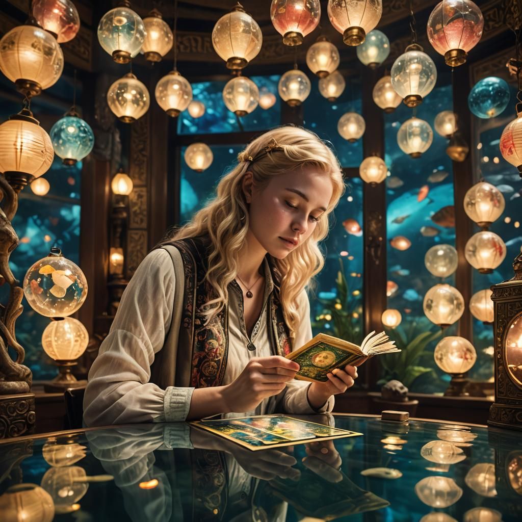 Blonde Woman Reading Tarot Cards by Aquarium