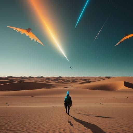 Surreal Alien Landscape with Flocking Birds in a Moody Sky