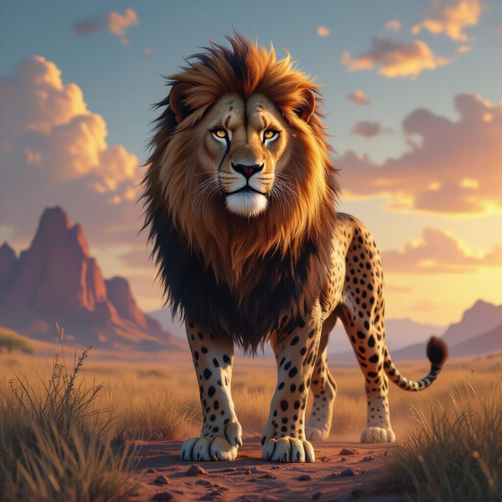 Majestic Lion-Cheetah Hybrid in Fantasy Landscape