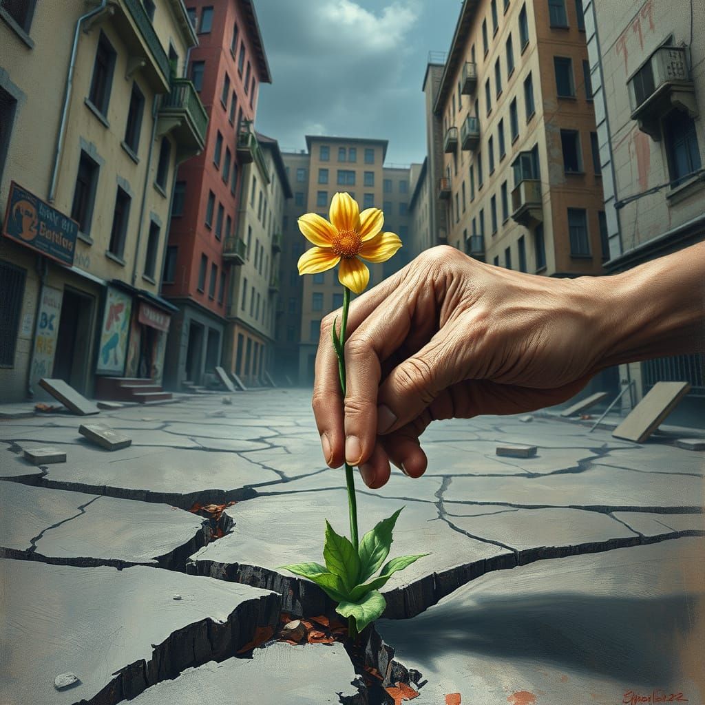 Wrinkled Hand Picking Flower in Apocalyptic Landscape