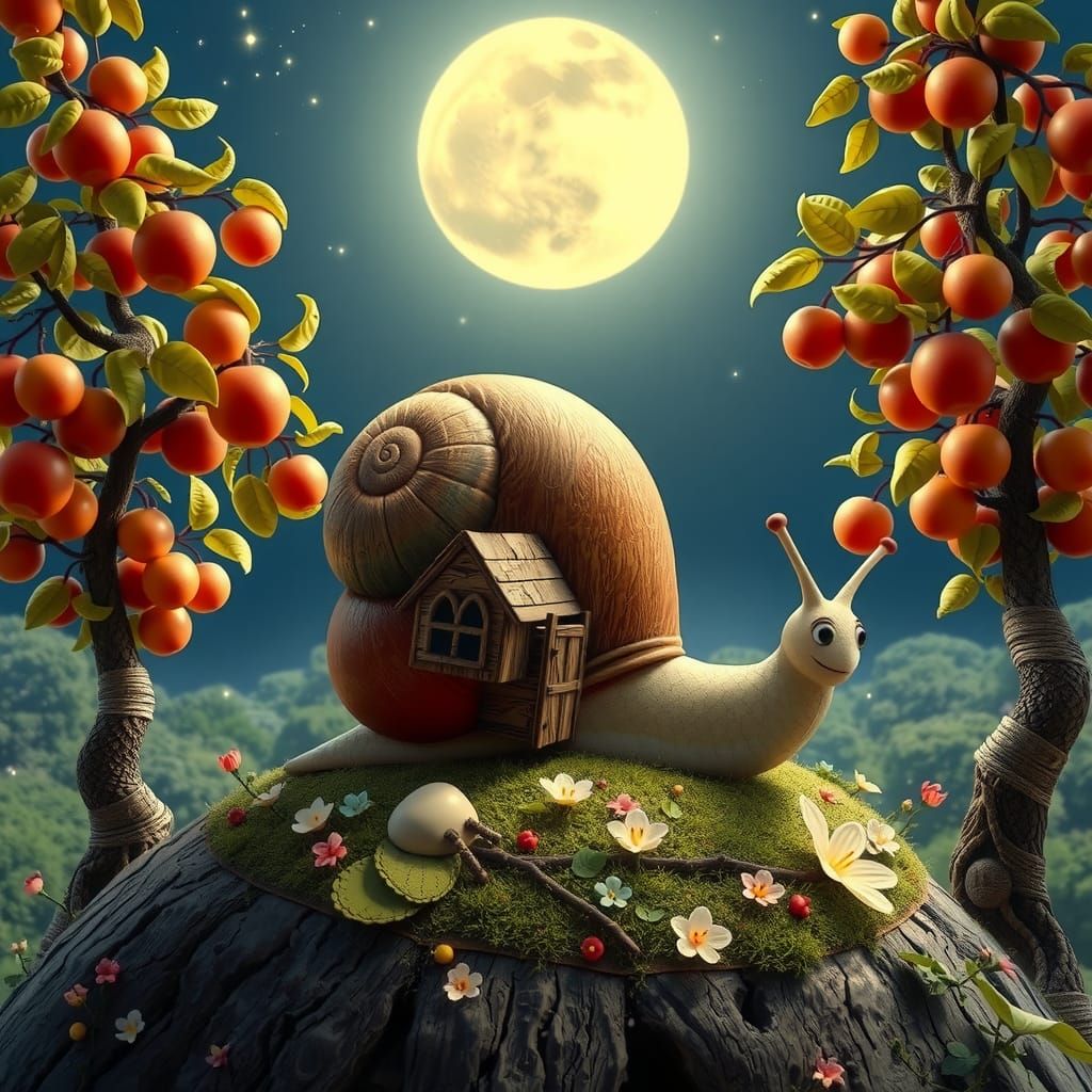 Un caracol al estilo Pixar,  sobre un tronco, rodeado de árboles primaverales con manzanas rojas y hojas verdes, bajo un...