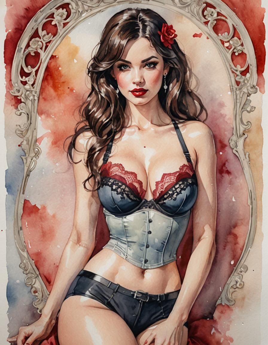 Brunette Pinup in Antique Fantasy Watercolor Style