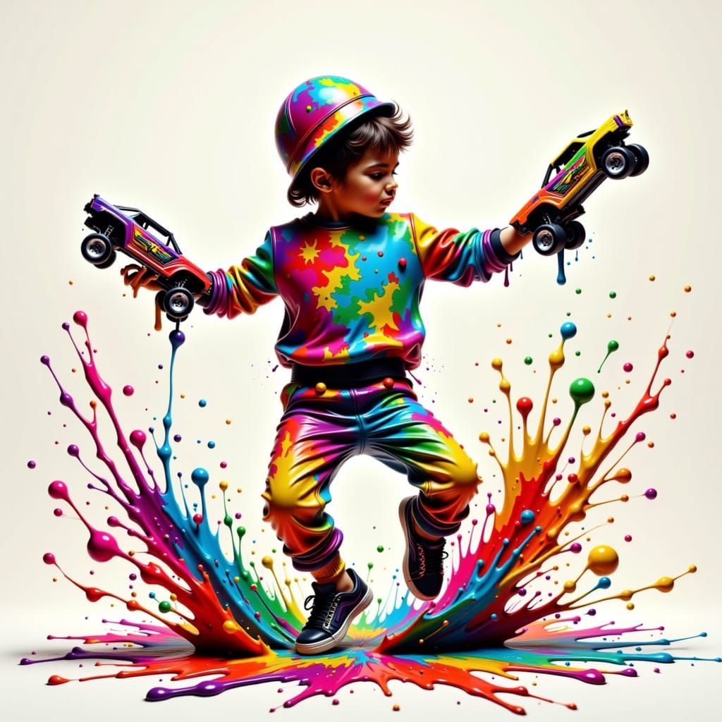 Dancing Child with Hotwheels in Paint Splatter