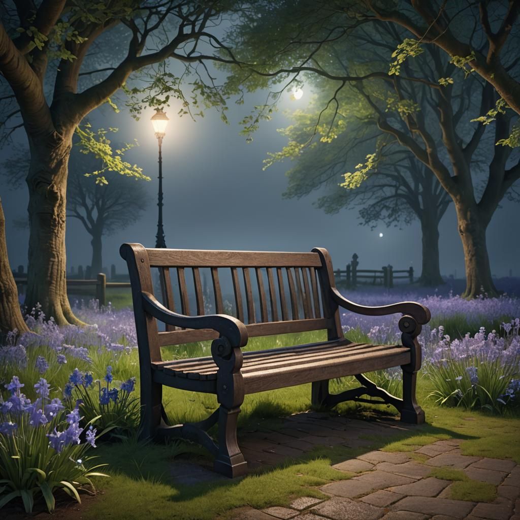 Romantic Bench Under Moonlight in Misty Garden