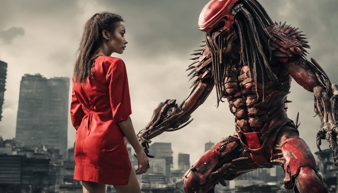 Predator and Woman in Post-Apocalyptic Tokyo