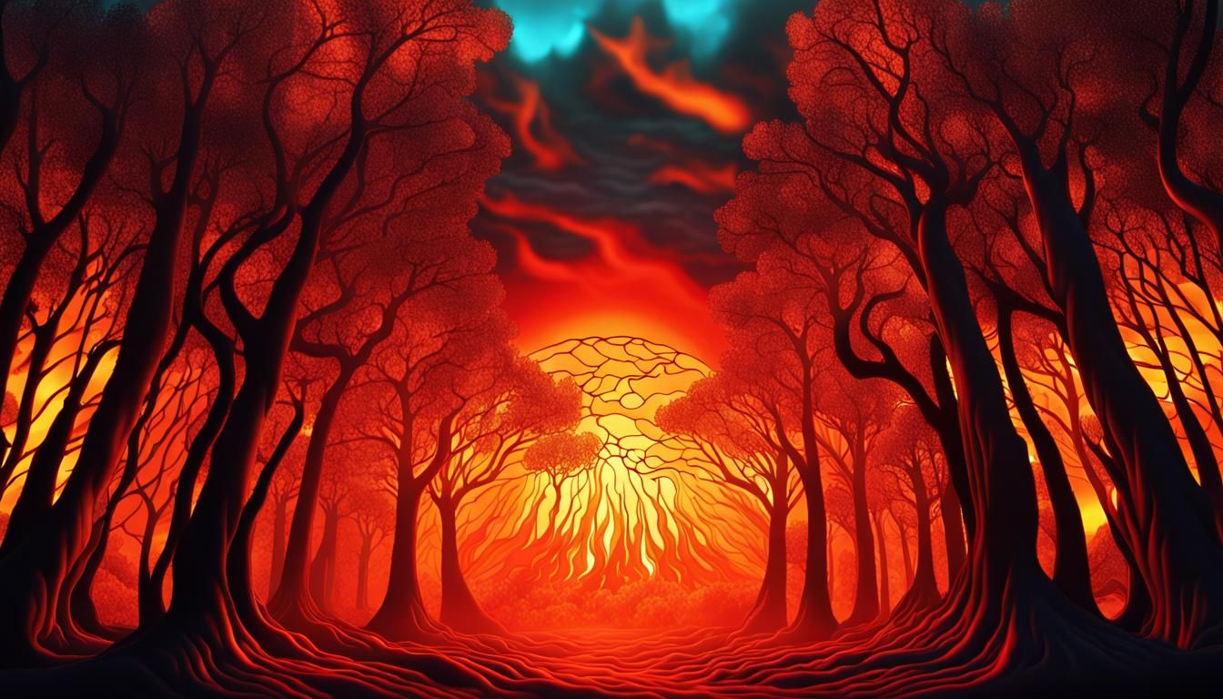 Fiery Lava Landscape in Stained Glass Style