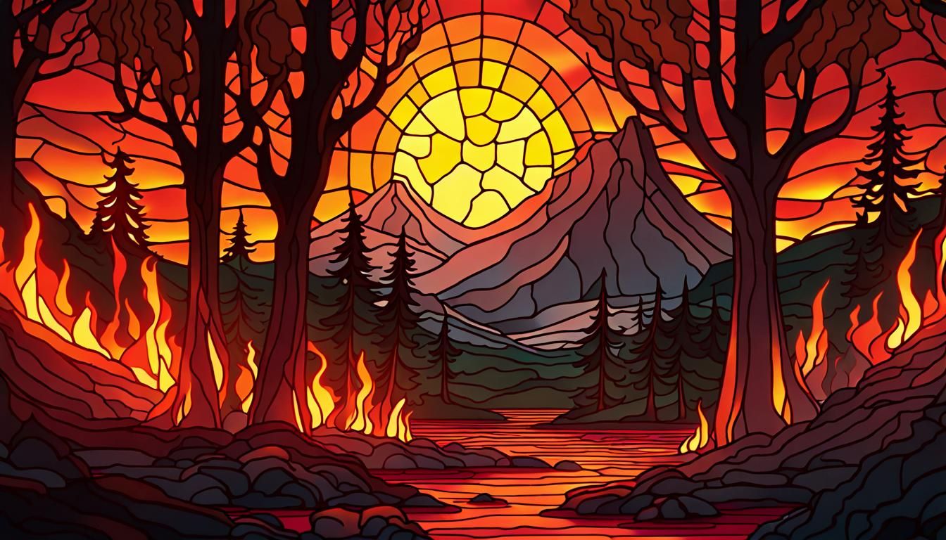 Stained Glass Fiery Lava Landscape in 8K