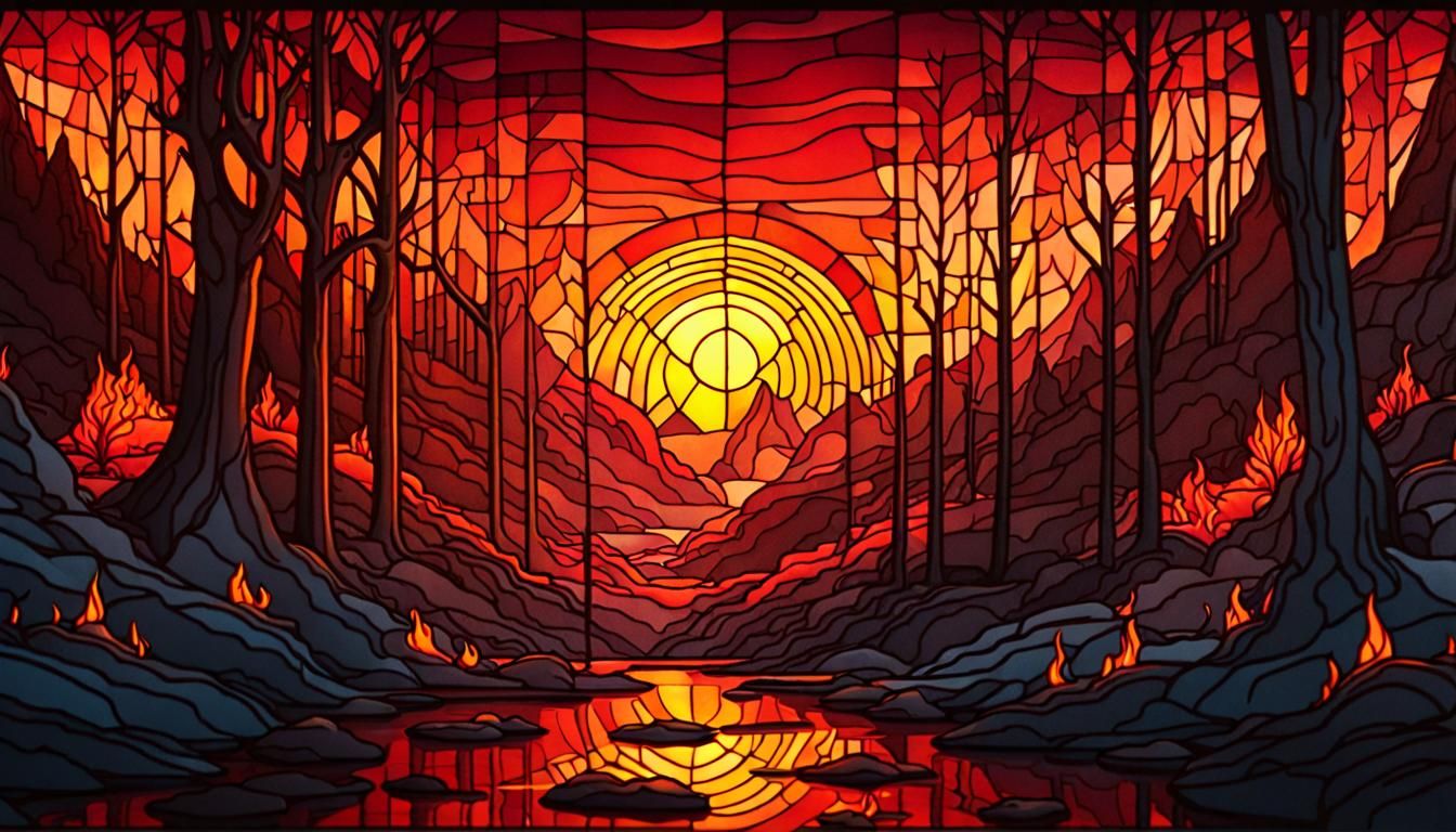 Fiery Lava Landscape in Stained Glass Style