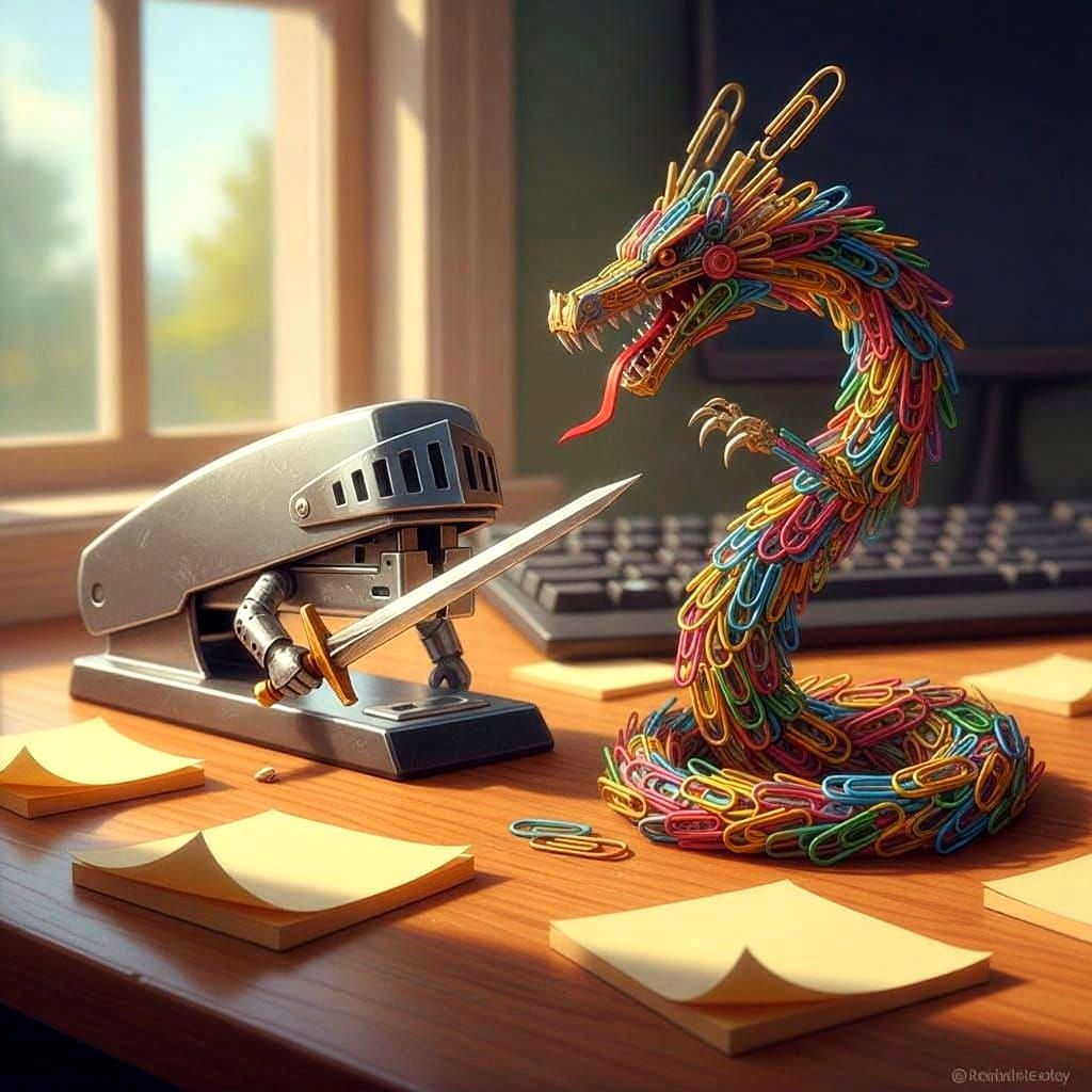 Stapler Knight Battles Paperclip Dragon in Office Diorama