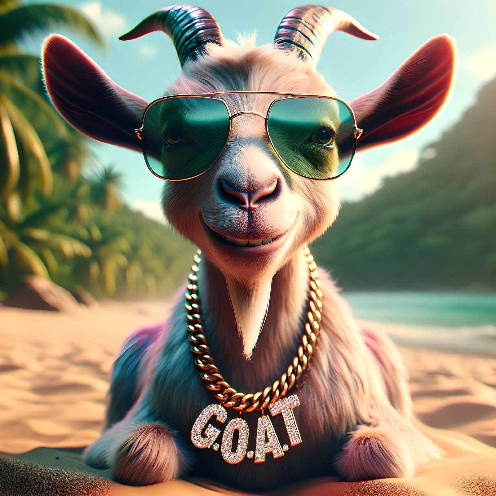 Goat with Sunglasses on Beach in Hyper-Realistic Photo