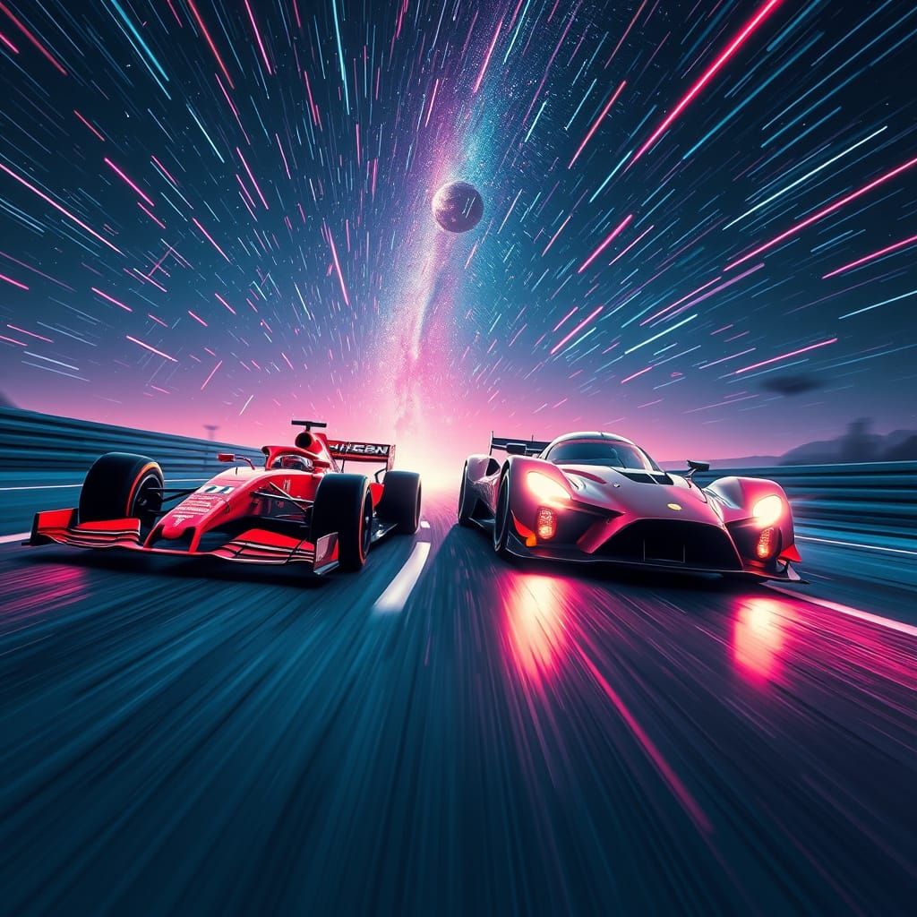 Formula 1 and Classic Car Race Amidst Meteors