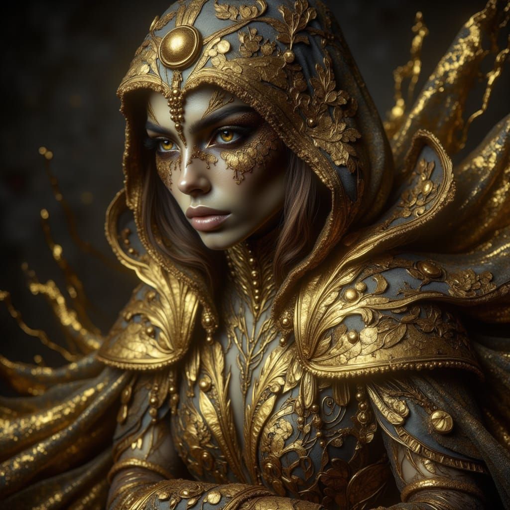 Woman in Mystical Gold Dress with Symbols