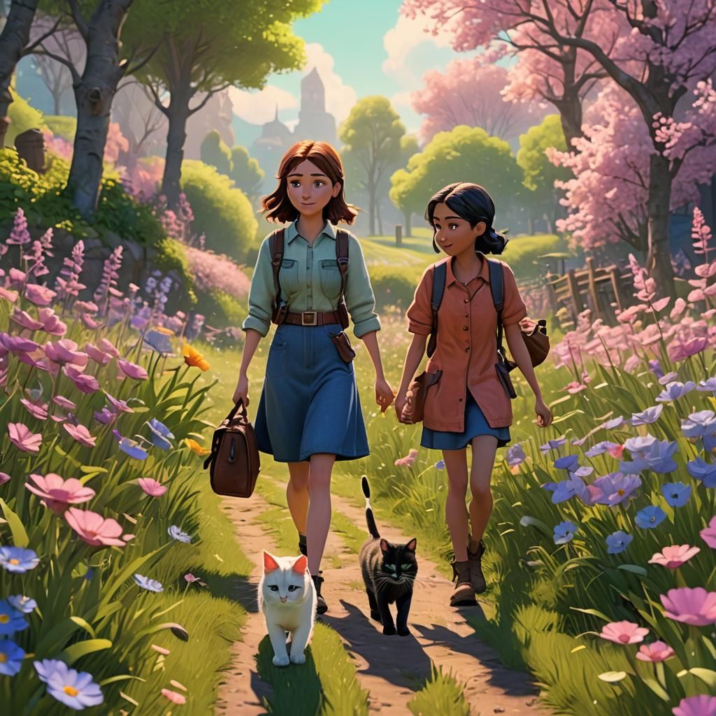 Girl and Cat in Spring Field, Pixar Style