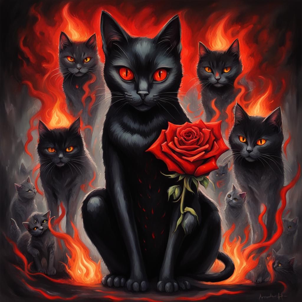 Goth Woman with Burning Roses and Cats