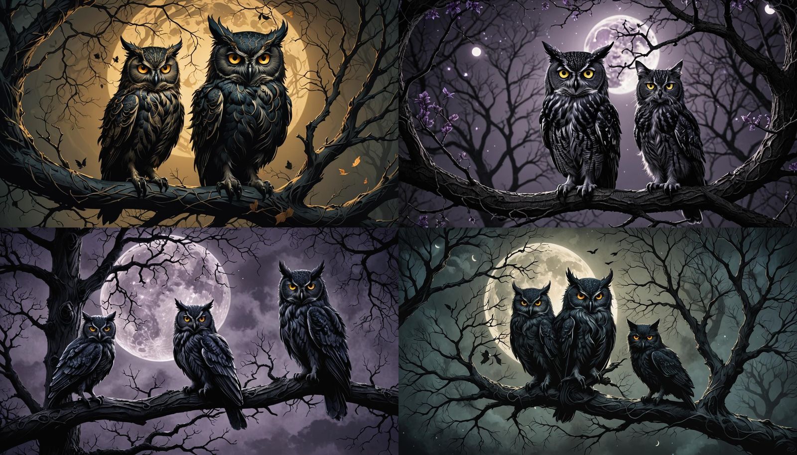 Gothic Owl and Cat in a Tree
