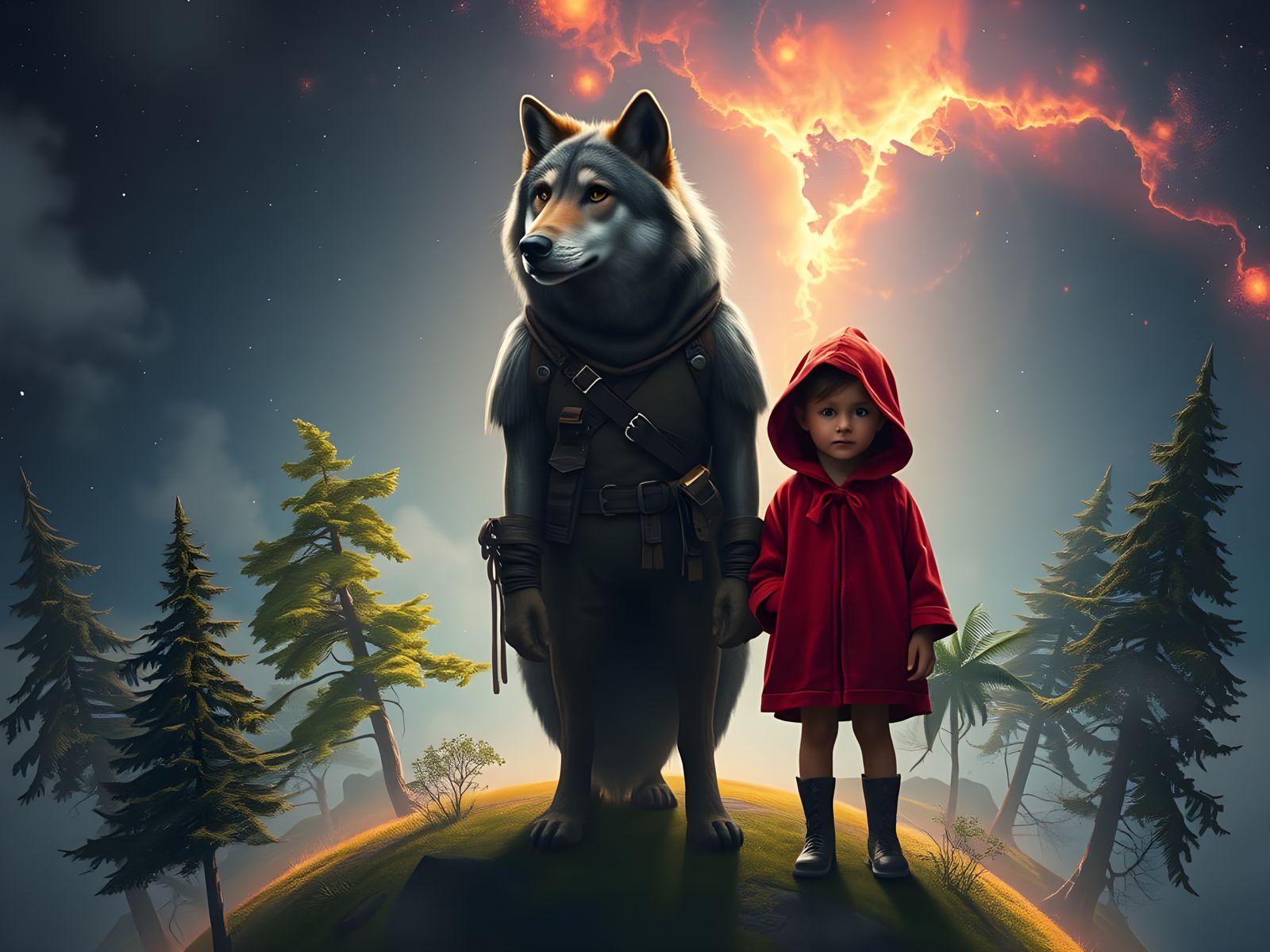 Humanized Wolf and Girl on Tiny Planet