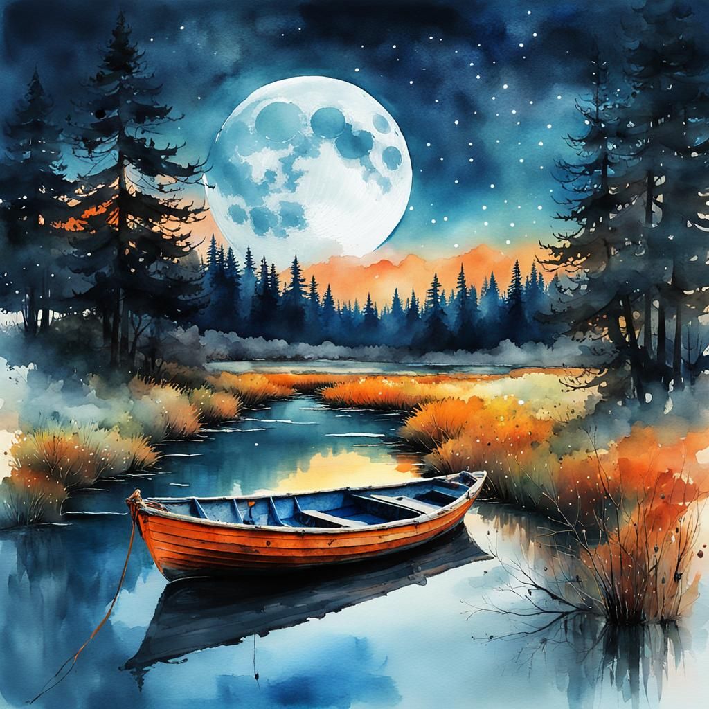 Lonely Boat on Creek: Digital Watercolor Fantasy Art