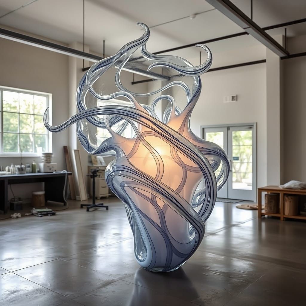 Melting Glass Sculpture in Modern Studio