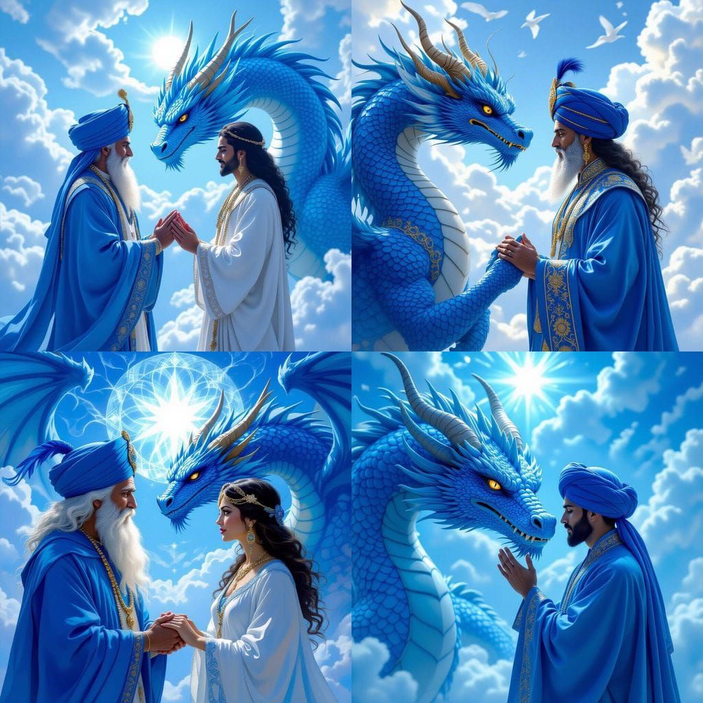 El Morya with Blue Dragon in Angelic Heaven