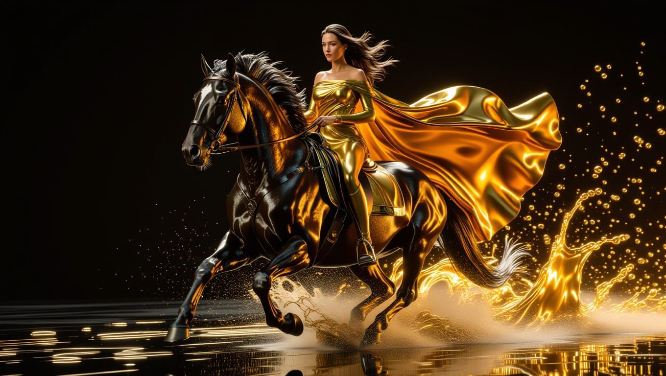 Fierce Warrior Rides Majestic Dark Steed Amidst Golden Oil S...