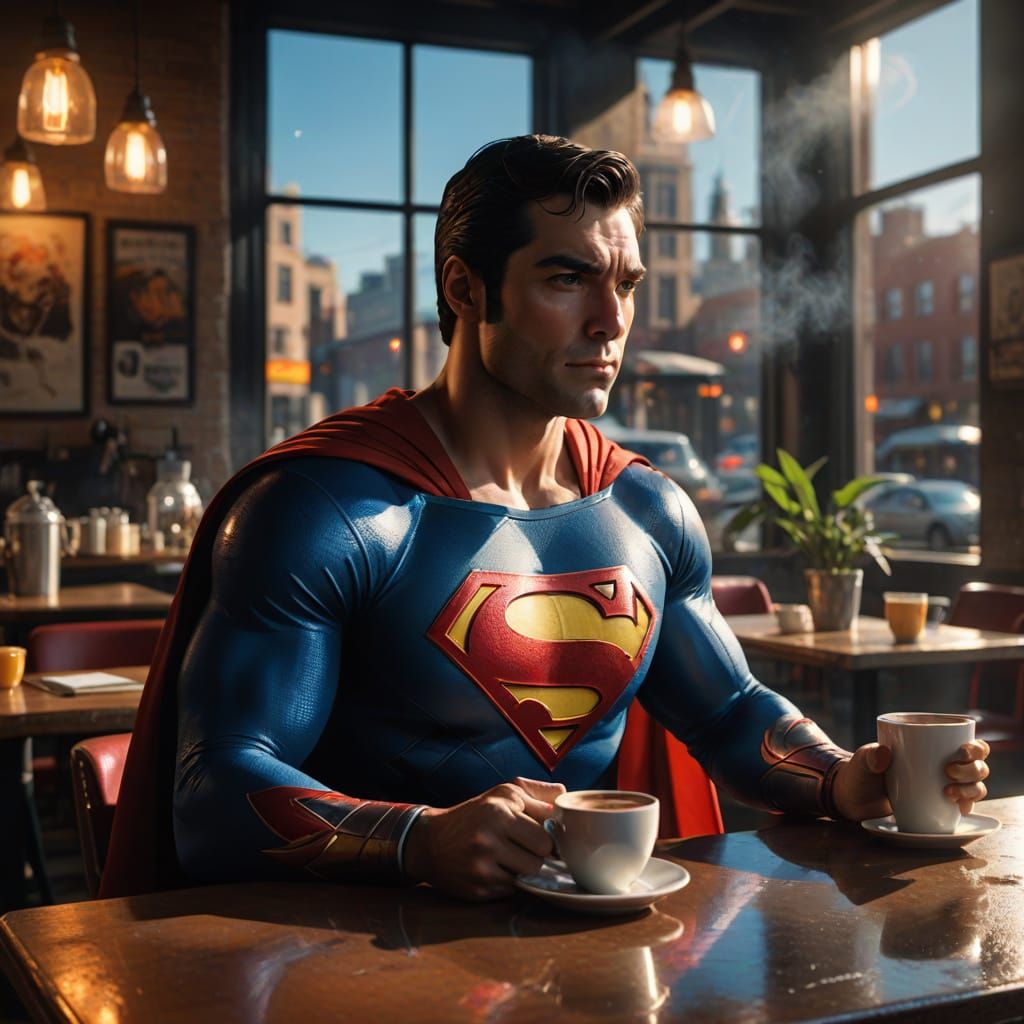 Superman in a Hyper-Realistic Cafe Scene