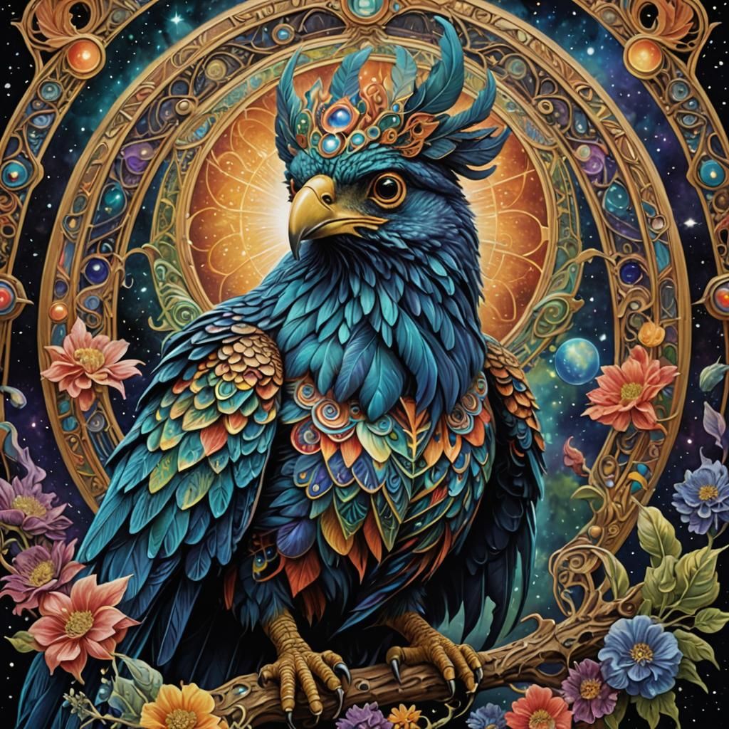 Cosmic Avian Deity in Art Nouveau Style