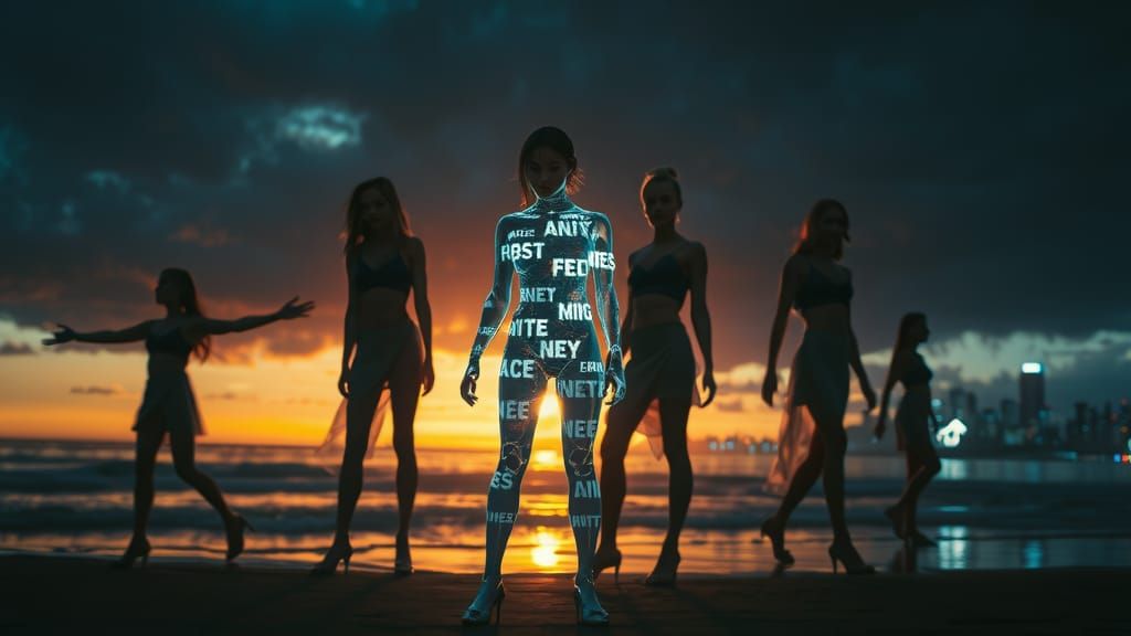 Hologram Figure on Beach with Cyberpunk Cityscape