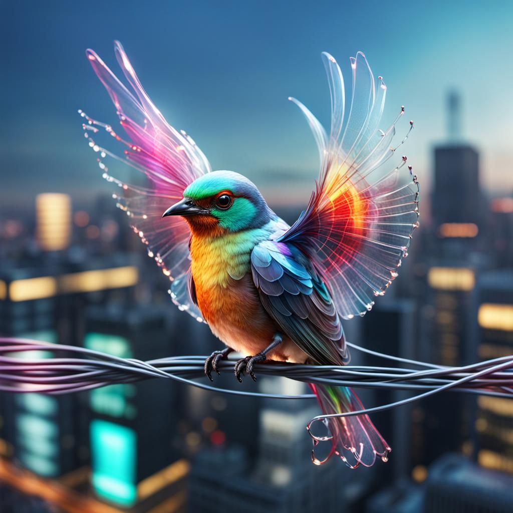 Translucent Bird on City Wire: Hyperrealistic 3D Render