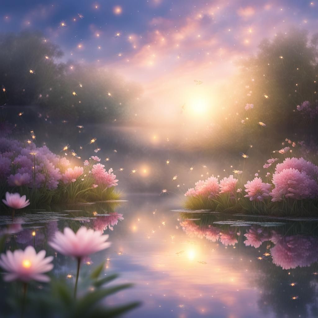 Tranquil Pond at Twilight with Fireflies
